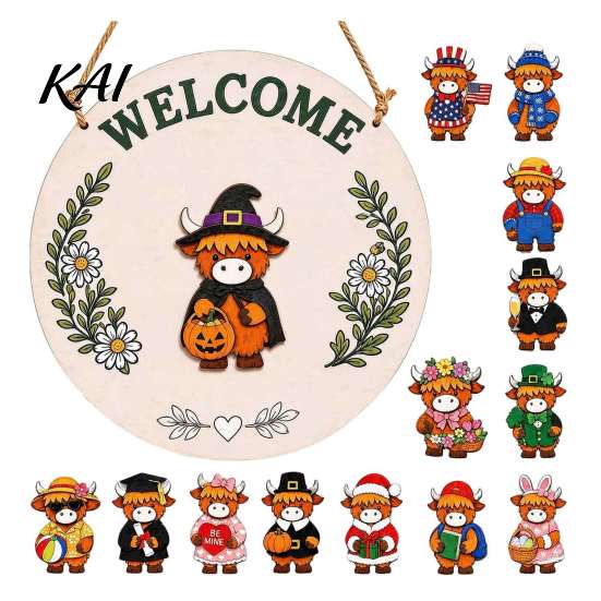 Rustic Wooden Porch Decor for All Seasons Festive Welcome Sign with 13 Interchangeable Accessories, Seasonal Farmhouse Door Sign, Durable Wood Hanging