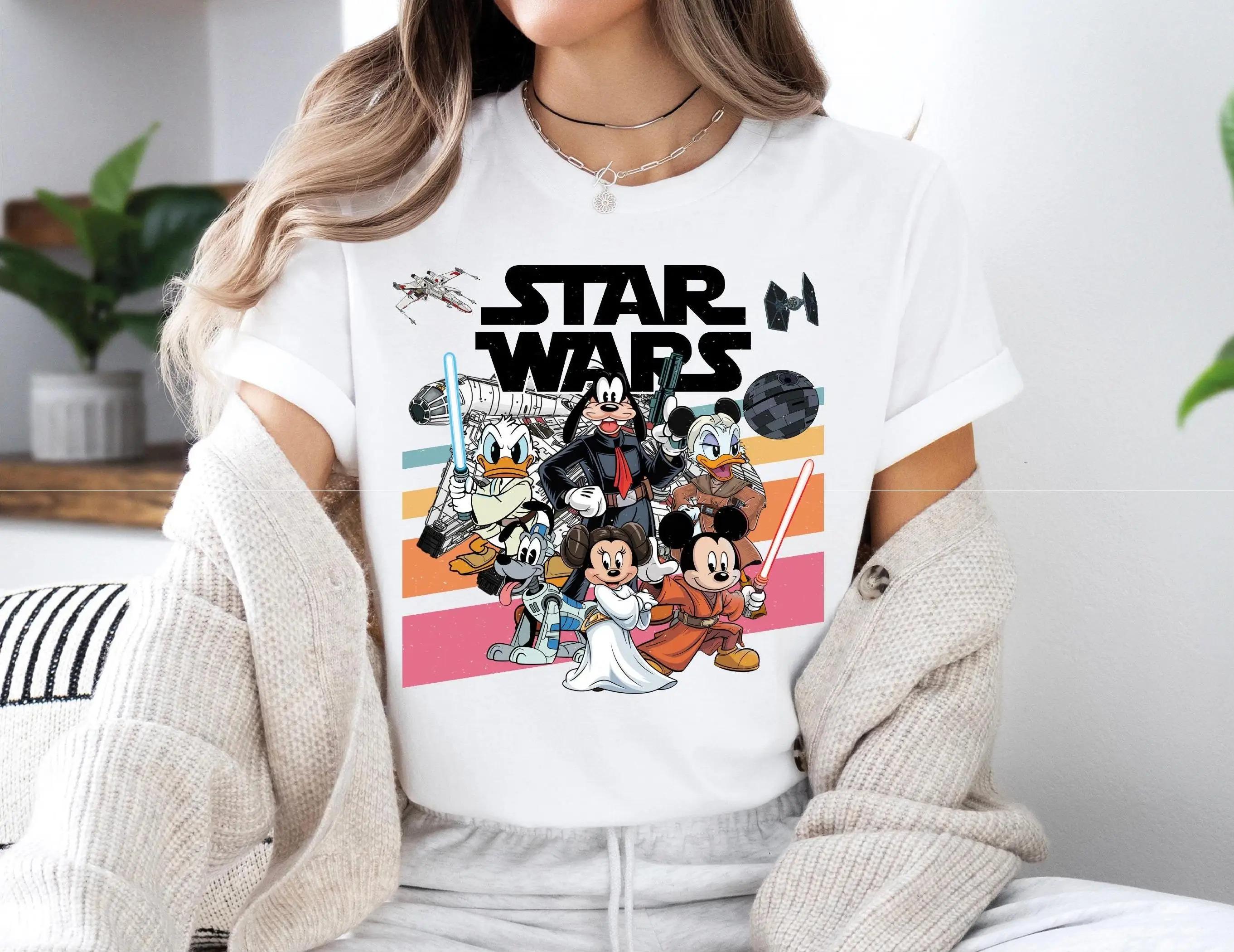 

2026 Summer Retro Disney Mickey and Friends Star War Shirt May The 4th Be with You Shirt Disney 100% Pure Cotton Printed T-shirt XXL бежевий