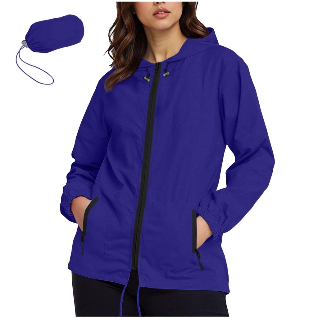 Women's Fashionable Casual Classic Plus Size Lightweight Zipped Long-Sleeved Hooded Jacket Foldable Outerwear With Packable Storage Pouch