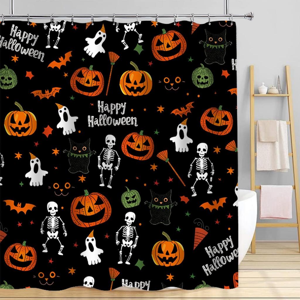 Halloween Shower Curtain,Black Fall Shower Curtains for Bathroom,Horror Skeleton Halloween Curtains Ghost Shower Curtain Set for