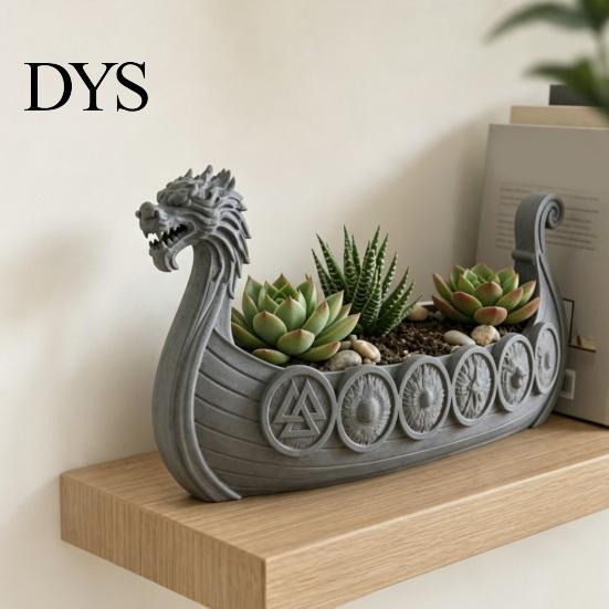 Modern Home Garden Decor Viking Longship Planter Pot, Dragon Boat Indoor Plant Holder for Cacti Creative Resin Air Plants, Rustic Nordic Ship