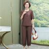 Summer Ethnic Plus Size Retro Two-Piece Set: Loose Top & Wide-Leg Pants for Middle-Aged & Elderly Women