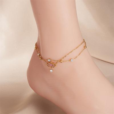 Goldenes doppellagiges Fußkettchen mit rosa Lotusanhänger Zirkonia, zartes Fußkettchen für Damen Sommer Strand Schmuck