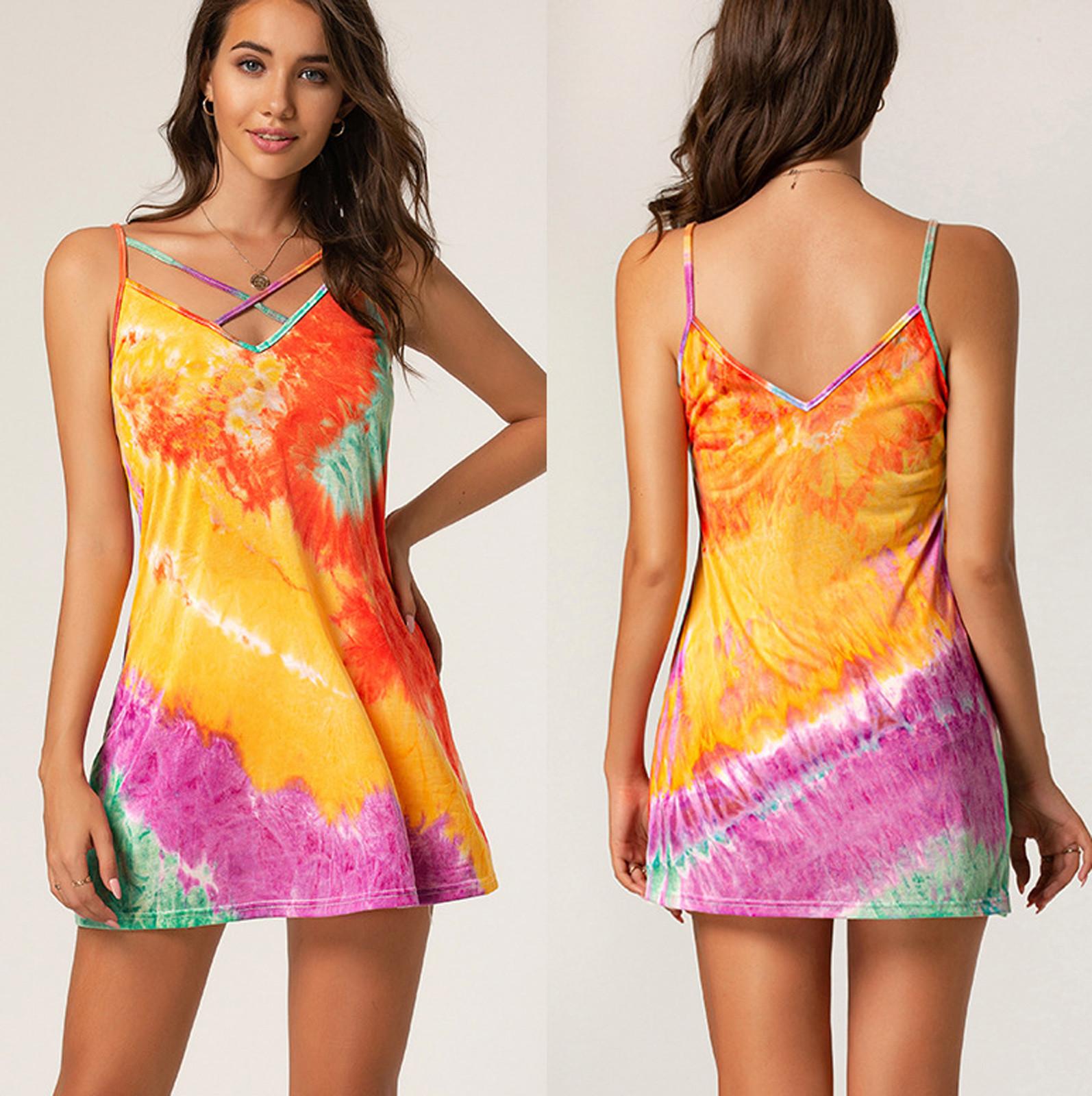 

Sexy Summer Women Fashion Tie-Dyed Printing Camisole Vest Top Dress Two Wear