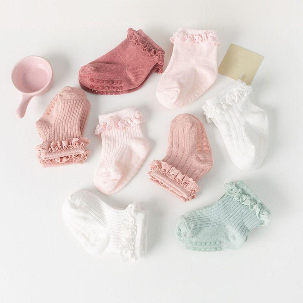 5Pairs Non-slip Kids Tube Sock Lace Toddle Walking Socks Sweet Baby Ruffle Socks  First Walkers