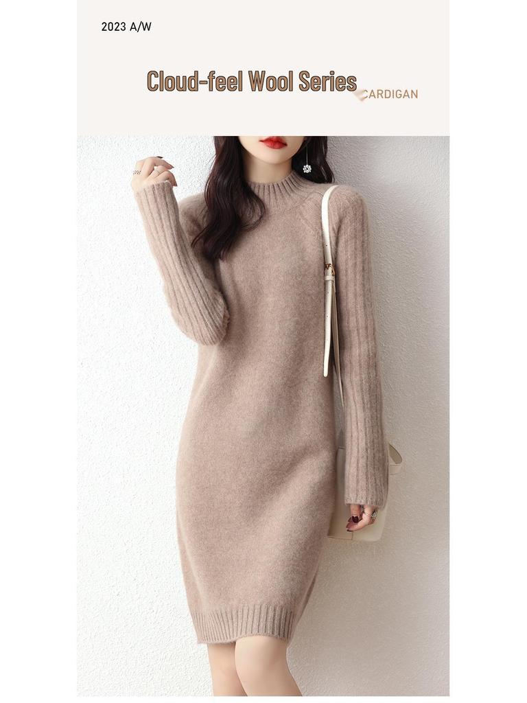 Damska sukienka dzianinowa w stylu koreańskim, dopasowana, 100% wełna - Półwysoki dekolt, pogrubiona na jesień/zimę
