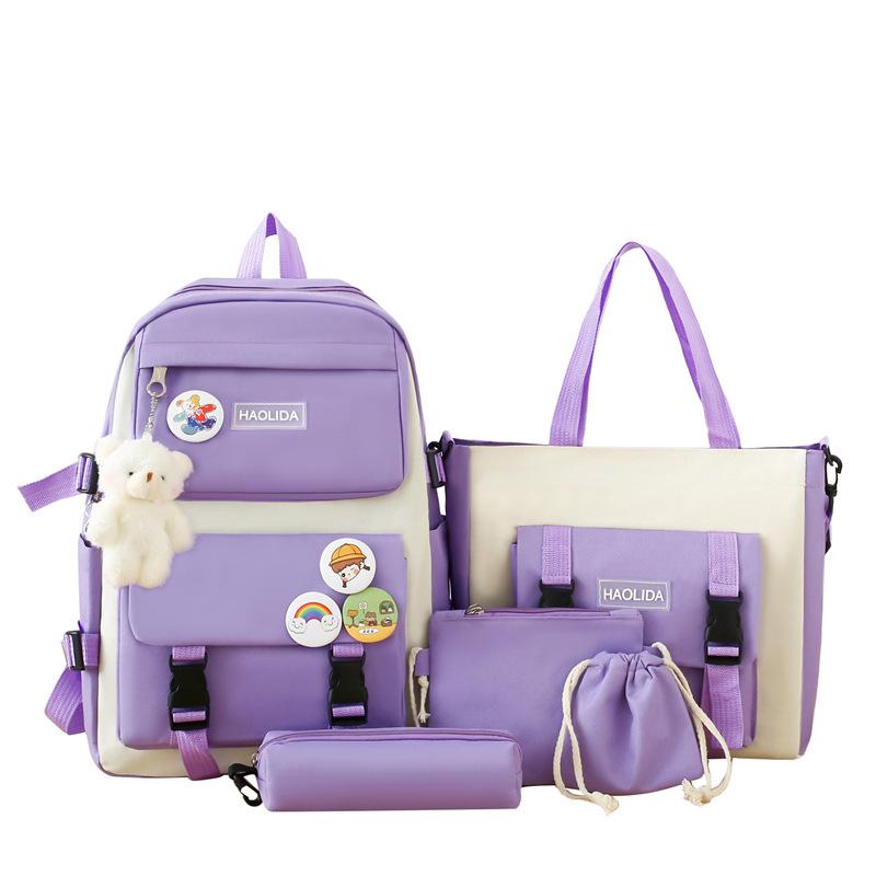 

Большой вместительный холщовый рюкзак для старшеклассников корейская версия для женщин комплект из 5 предметов для студентов университета осень новинка