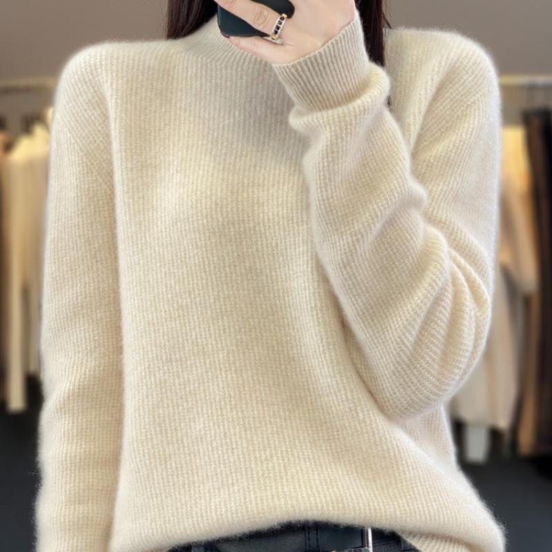 

Autumn and Winter Style Half Turtleneck Cardigan for Women Simple Loose Two-sided Cashmere Knitted Sweater Pullover Base Shirt XXL