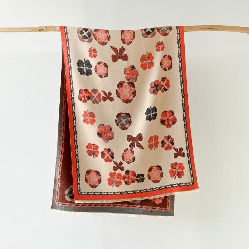 Elegant Camellia Double Sided Printed Warm Imitation Cashmere Scarf For Women