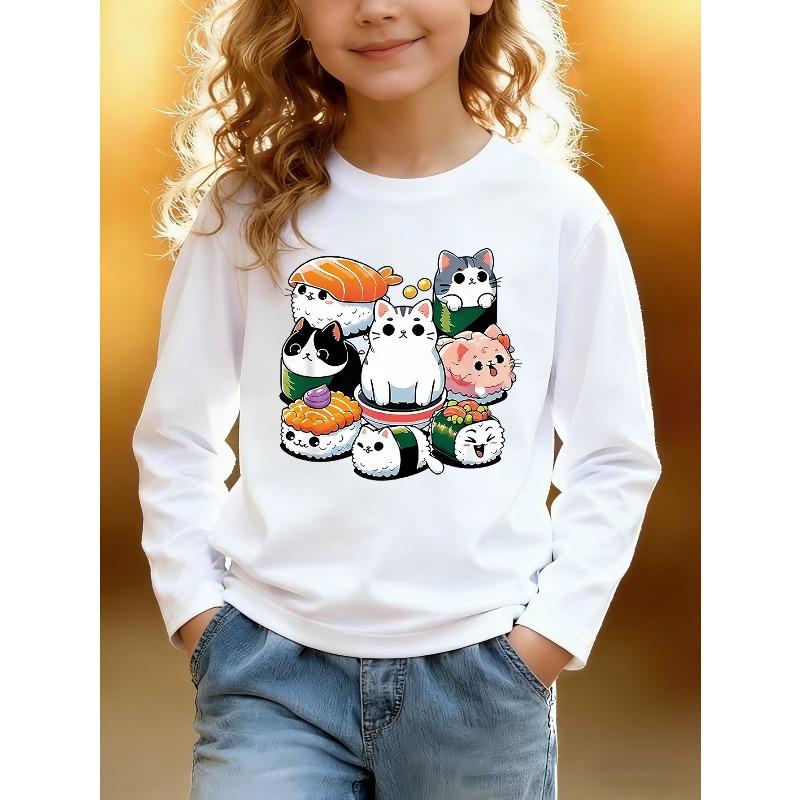 European sizes Kids Athletic Cartoon Print Round Neck Top, Kids Cartoon Cat Sushi Print Long Sleeve T-Shirt, Cartoon Characters 110 белый