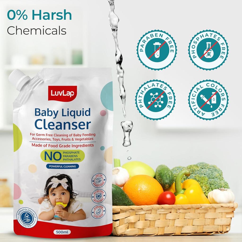 LuvLap Baby Liquid Cleanser Refill 500ml For Cleaning Feeding Bottles Toys Fruits And Vegetables Food Grade Formula Safe