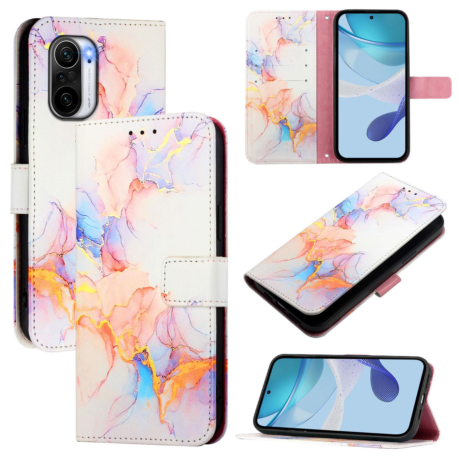 

For Xiaomi Poco F3 Case with Strap Marble Pattern Leather Phone Cover Card Holder As Shown C