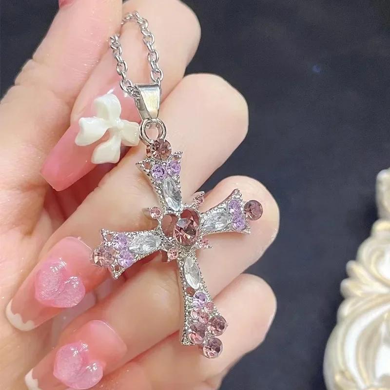 Crystal Cross Pendant Necklace for Women Girls Shiny Sweet Chain Punk Party Fashion Pendant Fashion Y2K Jewelry Accessories