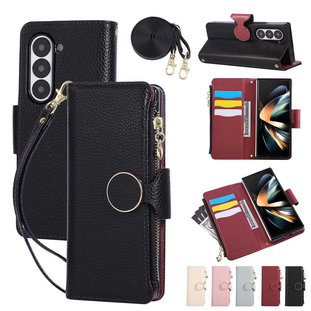 Crossbody Zipper Wallet Card Holder Leather Case for Samsung Galaxy Z Fold 7 6 5 Fold7 Fold6 5G Lanyard Strap Ring Holder Cover