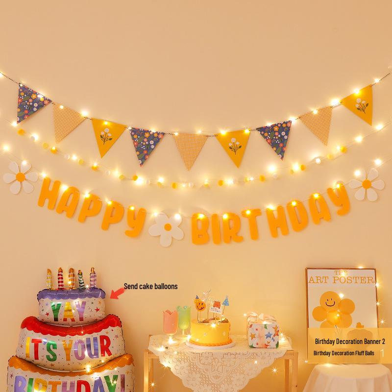First Birthday Party Hanging Decoration: Happy Birthday Banner with Pom Poms and Bunting for Kids.