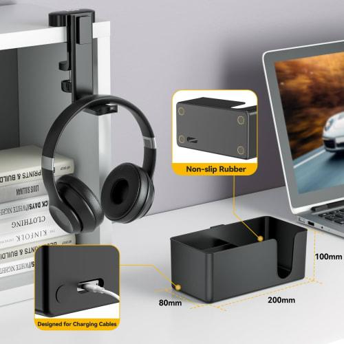 KDD 4-in-1 Desk Organizer - Headphone Stand with Drink Holder - Under-Desk Headphone Hook with Two Wire Holes - Rotating Headphone Hanger and Removabl