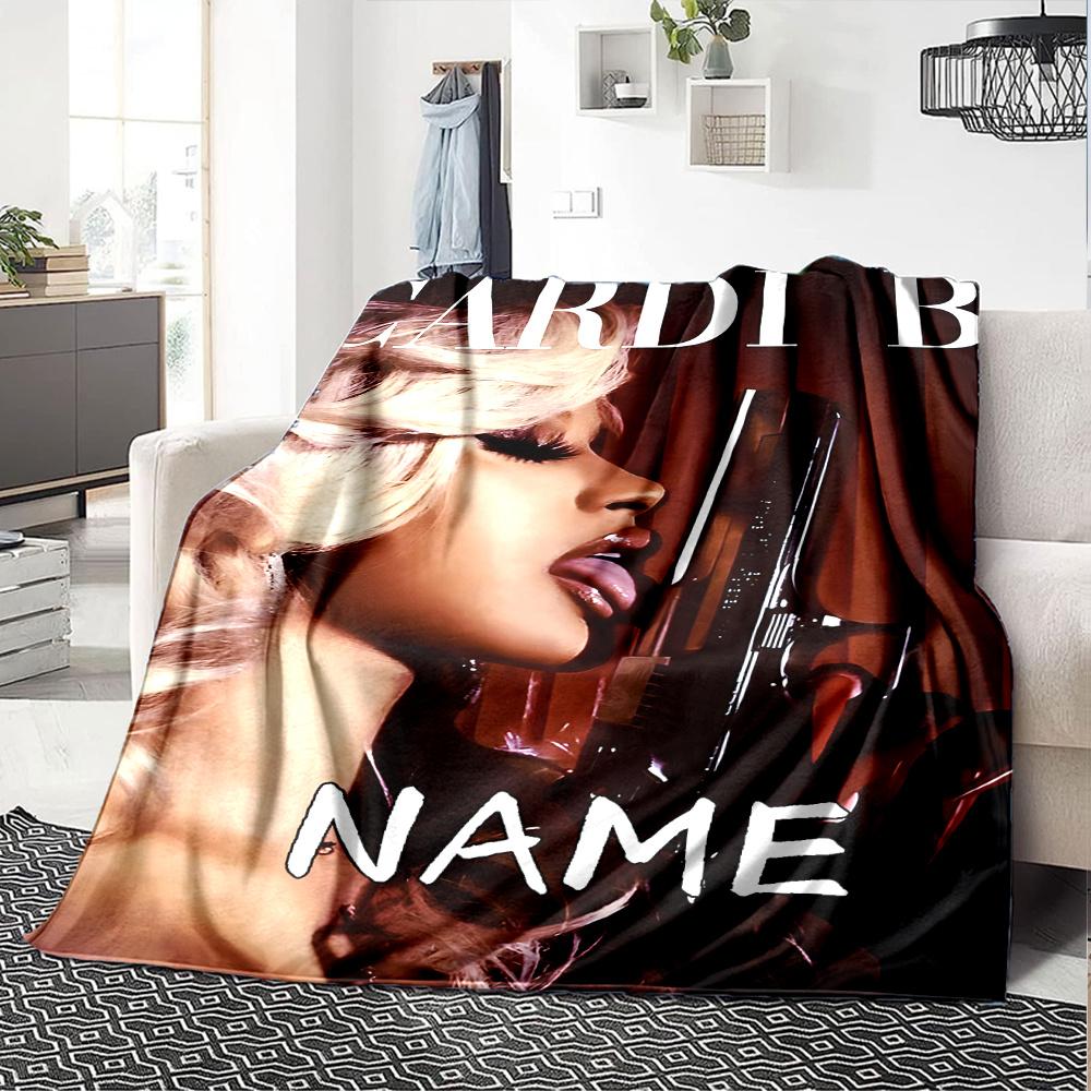 Cardi B Portrait With Gun Four Seasons Blanket Customized With Your Name Lightweight And Warm Perfect Gift For Home Office Camping Sofa Travel Beach