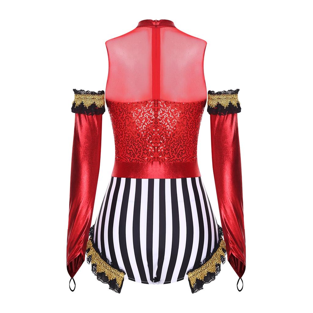 Adult Circus Ringmaster Bodysuit Sequined Patchwork Ruffled Hem Leotard and Metallic Gloves for Halloween Dress Up Party