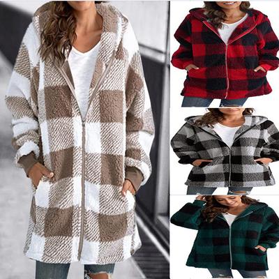 Winter Ladies Long Sleeve Plaid Coat Fashion Ladies Casual Warm Hoodie Loose Women's Coat
