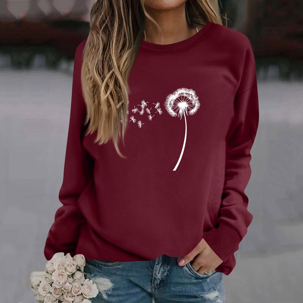 Mote for kvinner, avslappet langermet ensfarget trykket genser med rund hals