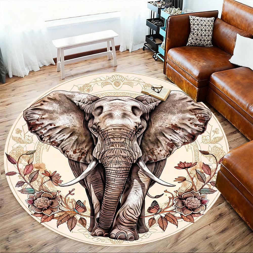 1PC Elephant Flowers Office Round Area Rug, Under Office Chairs Bedroom Living Room Home Decor, Carpet for Office -1110035