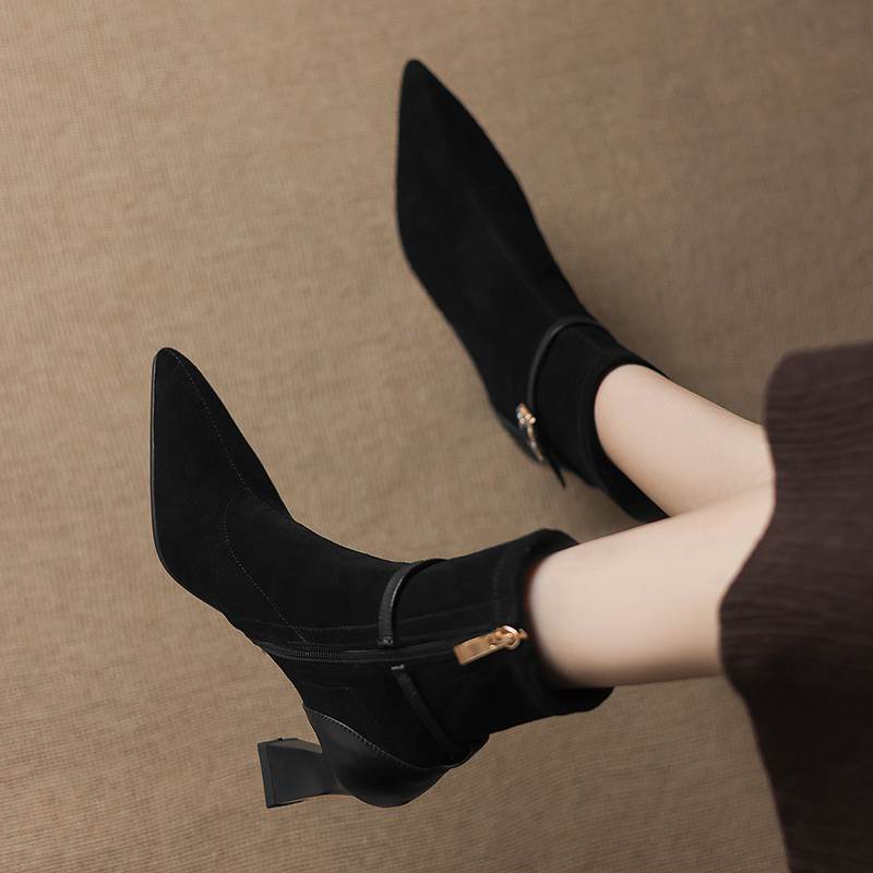Krazing Pot Flock Pointed Toe Thin High Heels Modern Boots Size 42 Zip Plus Size Crystal Buckle Women Elastic Ankle Boots