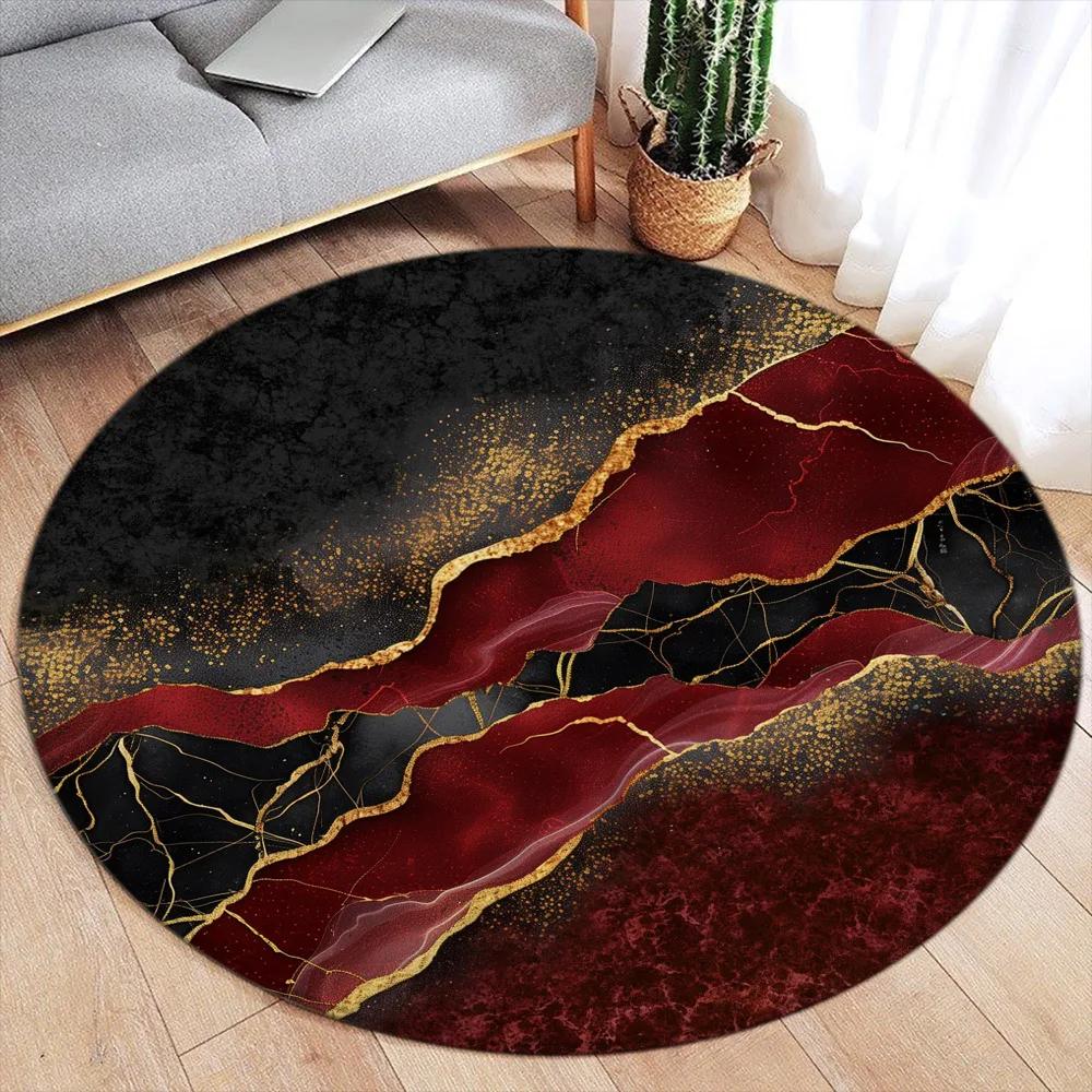 Abstract Marble Round Area Rug – Green Ink & Gold Line Design – Modern Luxury Carpet for Living Room or Bedroom, Soft Floor Mat