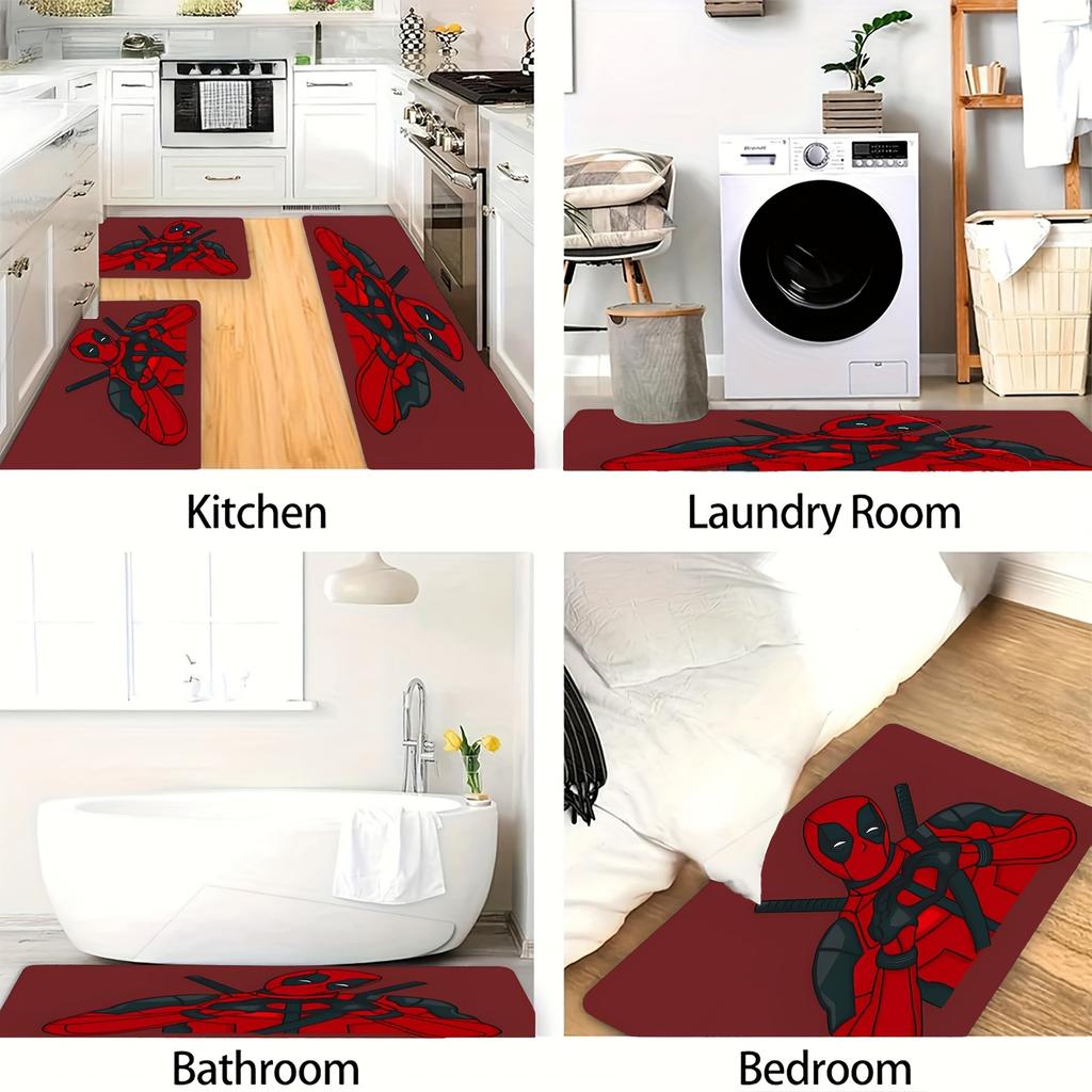 MARVEL Deadpool Themed Floor Mat Suitable for Kitchen, Hallway, Entryway Decor - Non-Slip Absorbent with Iconic Deadpool Hear