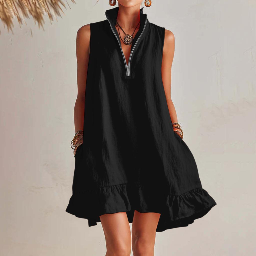 Women's Sleeveless V Neck Zip Front Summer Dress Loose Fit Ruffle Hem Casual Lightweight Linen Mini Dress