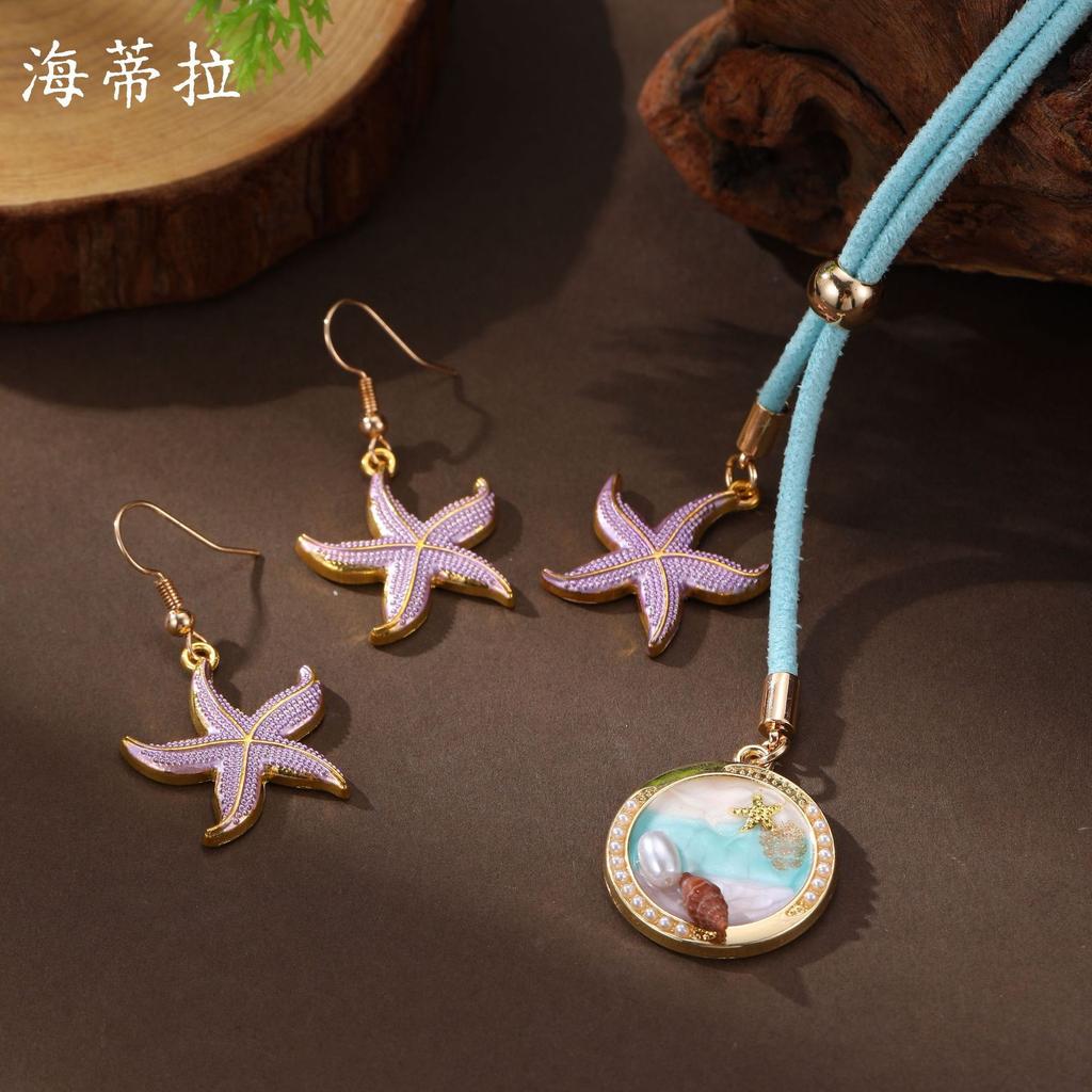 Neue Emaille Farbe Seestern Muschel Ohrringe Lange Halskette Damen Sommer Strand Klein Klar Seestern Langer Anhänger