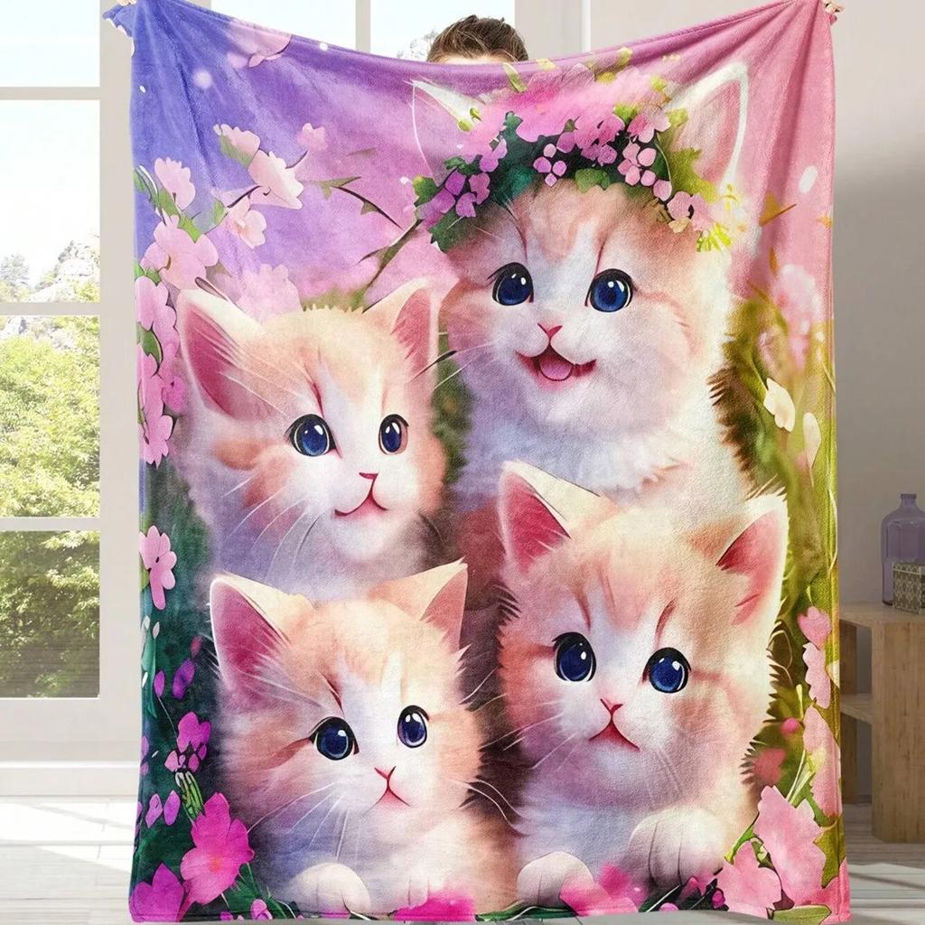 Cute cat pattern Flannel printed blanket suitable for all seasons suitable for living room office sofa and travel