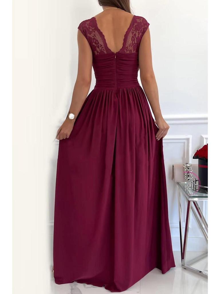 Women's Sleeveless Lace Dress with Open Back and Slit Hem