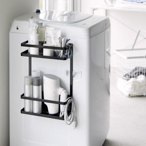 Yamazaki Tower Laundry Rack, 2-Tier Magnetic Storage Rack for Next to Washing Machine, Black, W28 x D11.5 x H40cm, Large Capacity, Holds Refills, Mode