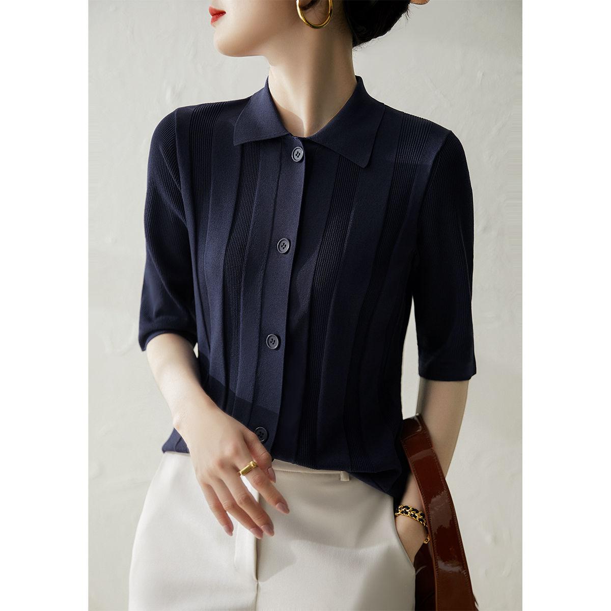 

Весна Лето Женская Одежда Топы Милые Удобные Отложной Воротник Пуговицы Блузки Простота Повседневный Однотонный Свободный XXXL темно-синий