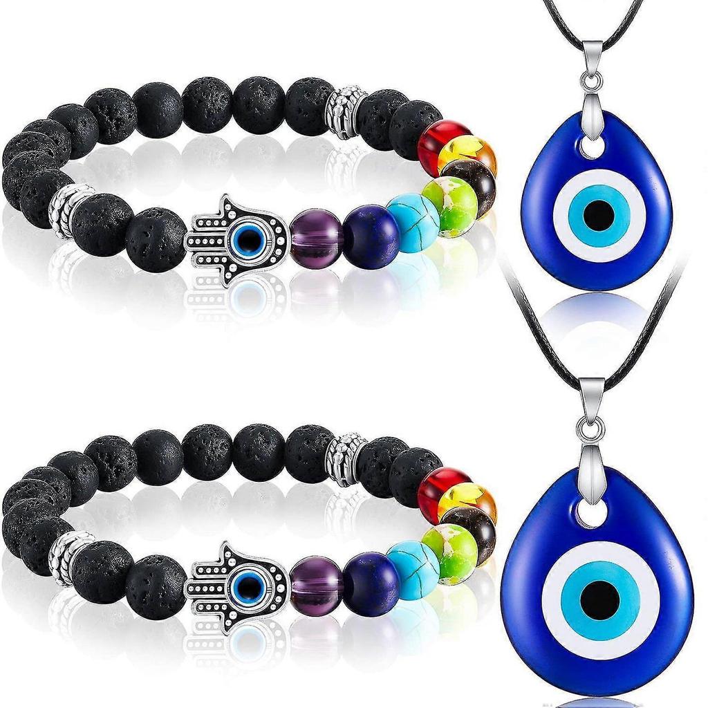 Set of 4 Turkish Evil Blue Eyes Bracelet Glazed Pendant Palm Volcanic Stone Bead Bracelet