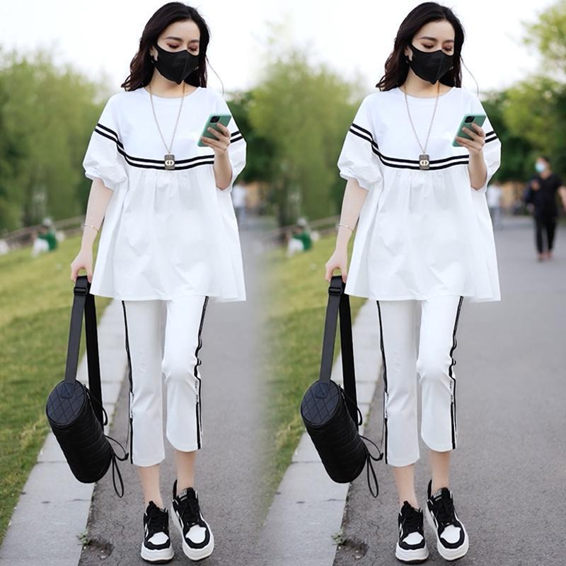 Casual Suit for Women, Summer, Korean Version, Loose, Slimming, Belly-covering, Stylish, Fashionable Sportswear Two-piece Set