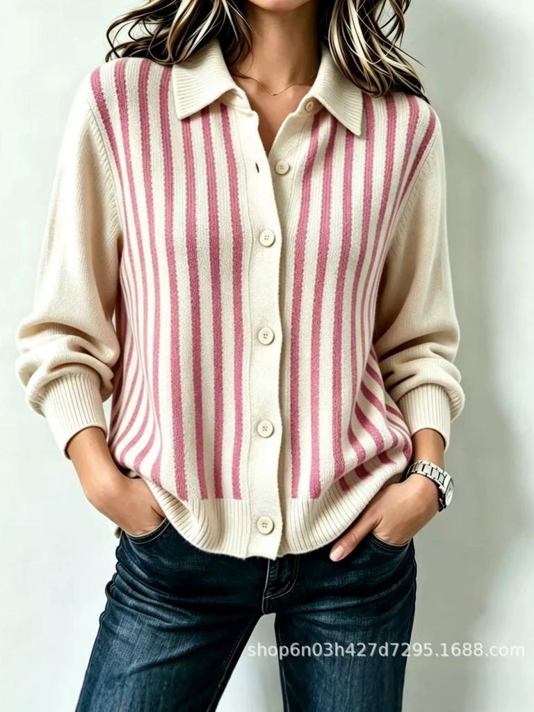 Autumn/Winter Women's Striped Loose Knit Cardigan Sweater with Lapel and Button Details