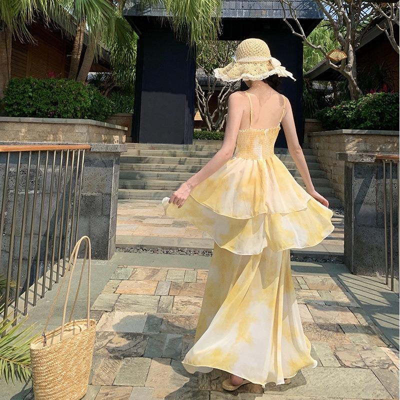 Slim-fit Suspender Dress Female Summer Seaside Vacation Beach Dress Sunset Fairy Cake Skirt Feeling