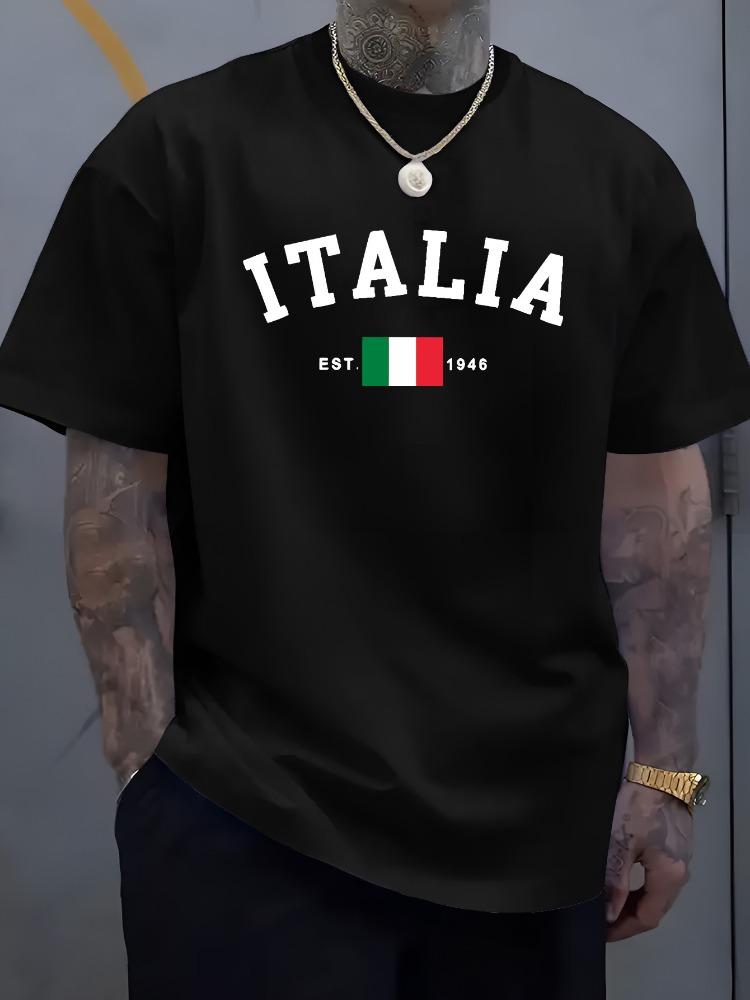 Unisex O Neck Tee Italia Italy Flag Est 1946 Letter Print Cotton Short Sleeve Loose Summer Breathable Daily Casual Basic Wear Top