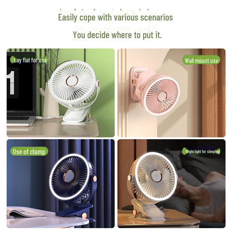 Rechargeable USB Clip Fan with Desk Lamp - Large Battery, Portable for Student Dormitories