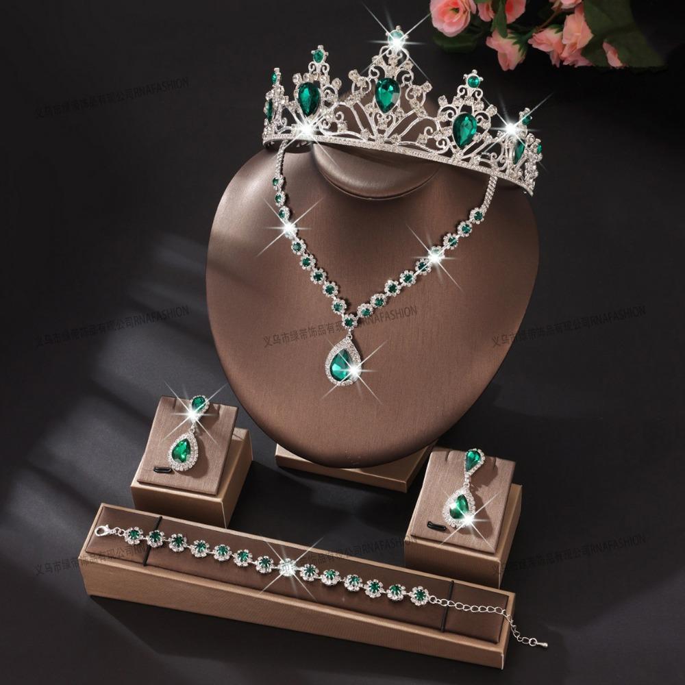 Wedding Jewelry Set, Necklace, Stud Earrings, Bracelet, Three-piece Set, Full of Diamonds and Flowers, Multi-color Set.