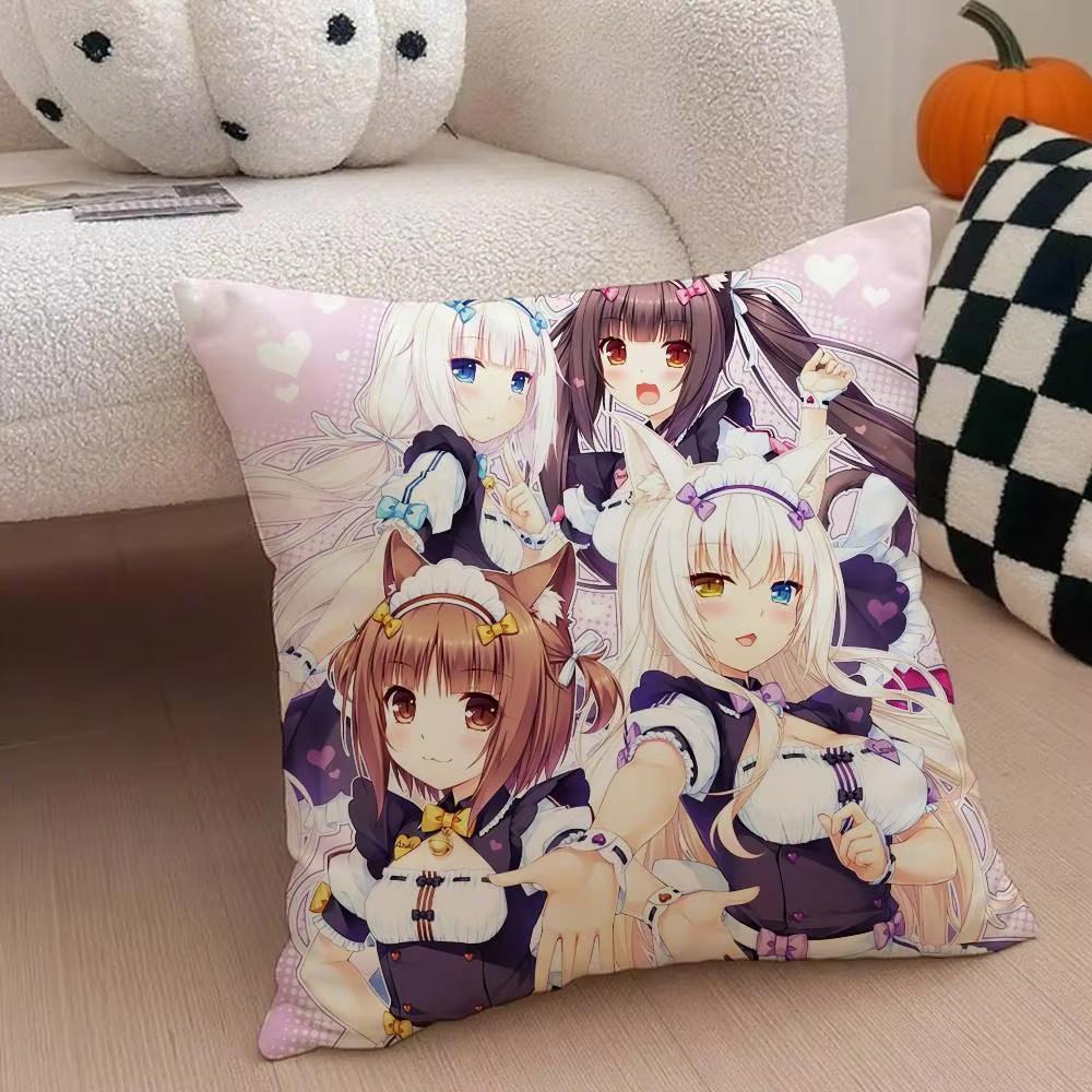 Double Sided Chocola Nekopara Anime Pillow Case AntiDustmite Silky Plush Cushion Cover with Invisible Zipper for Sofa