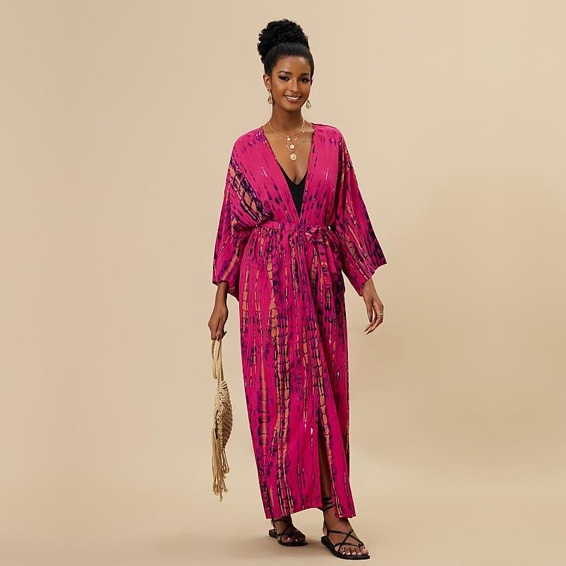 

EDOLYNSA богемное платье с галстуком-красителем в полоску, накидки на бикини, длинная туника, сексуальное платье-кимоно, женское пляжное платье больших размеров, купальный костюм, накидка Q1314 One size красный