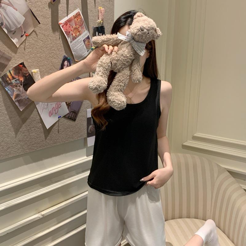 Women's Cartoon Camisole Tank Top Pajamas Set with Chest Pads - Summer Home Wear for Girls with Shorts