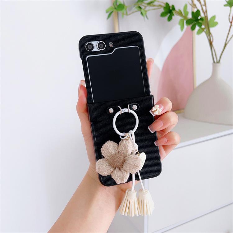 Applicable To Samsung ZFlip5 Mobile Phone Case Striped Leather Case Zflip4 Flower Mobile Phone Lanyard All-inclusive Anti-drop Protective Case