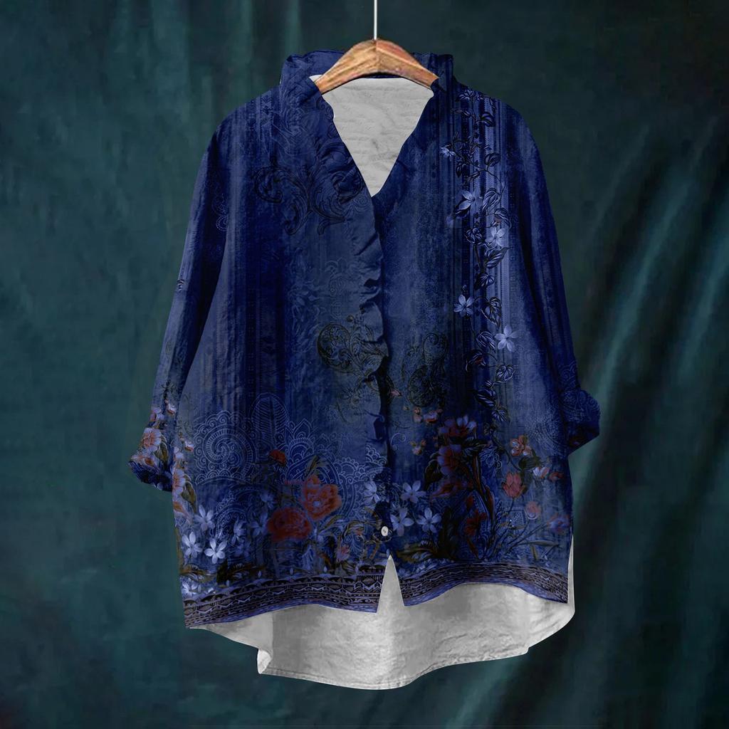 Dame Løs Volangert Blomstert Trykk Ståkrage Langermet Bomull og Lin Topp