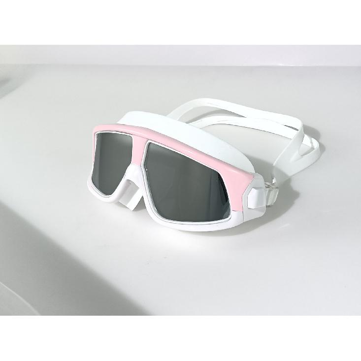 New large-frame colorful electroplated swimming goggles, anti-fog and high-definition+PU Swimming cap+Nasal Splint Earplugs80Suit Pink Platinum