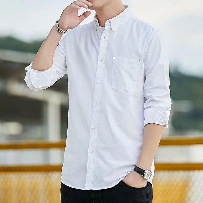 Men Pure Cotton Solid Oxford Long Sleeve Slim Fit Business Casual Shirt