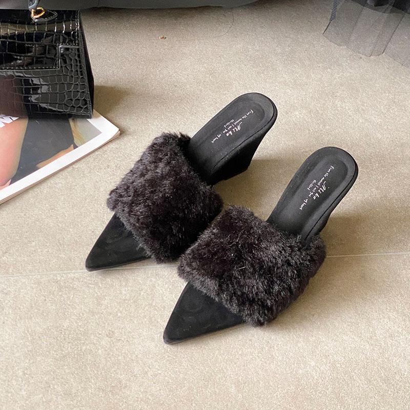 

Fur Warm Women Pumps Wedges Shoes Female High Heels Footwear Pointed Toe Ladies Heeled Slides Sandals Wedges Shoes 35 чёрный