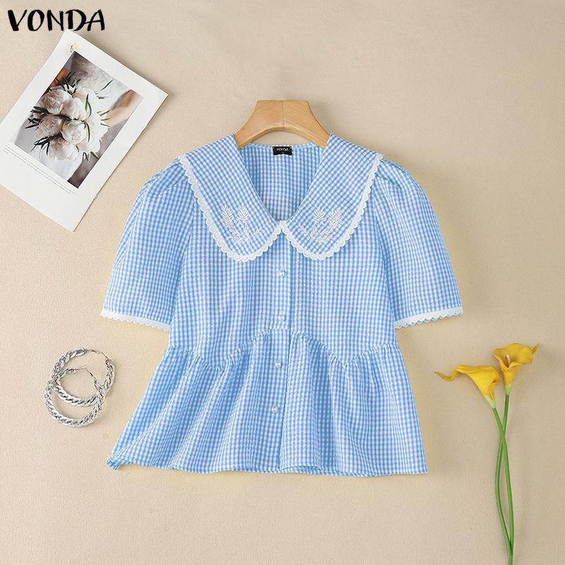 VONDA Zomer Dames Poppenkraag Korte Mouw Geruite Print Casual Blouse Tops